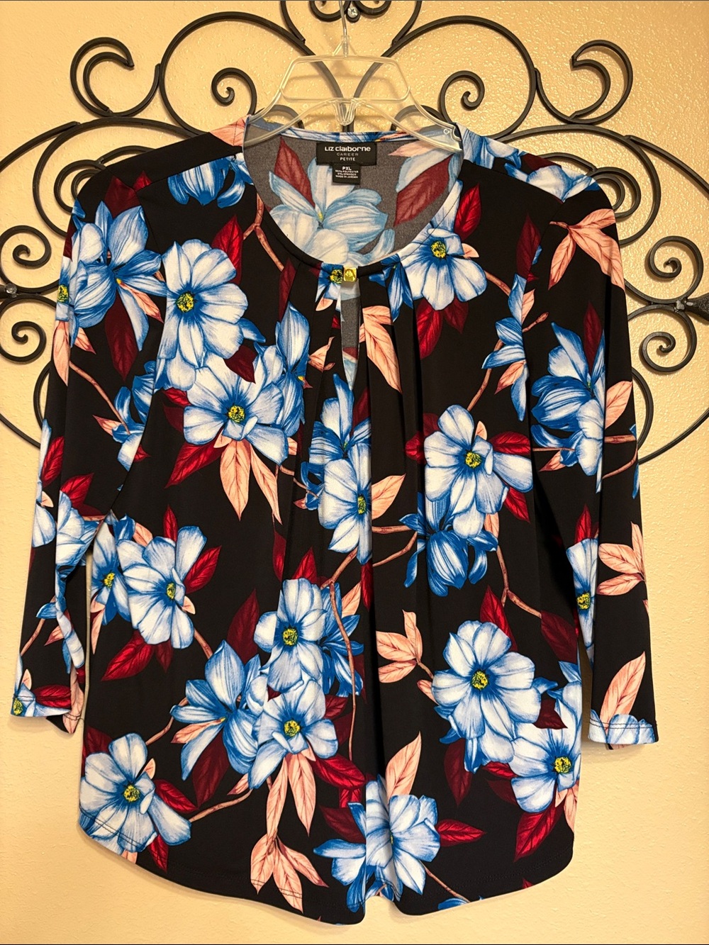 Liz Claiborne Black Floral Blouse with Blue & Red Accents